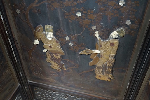 A Japanese folding wood and shibayama screen, height 89cm